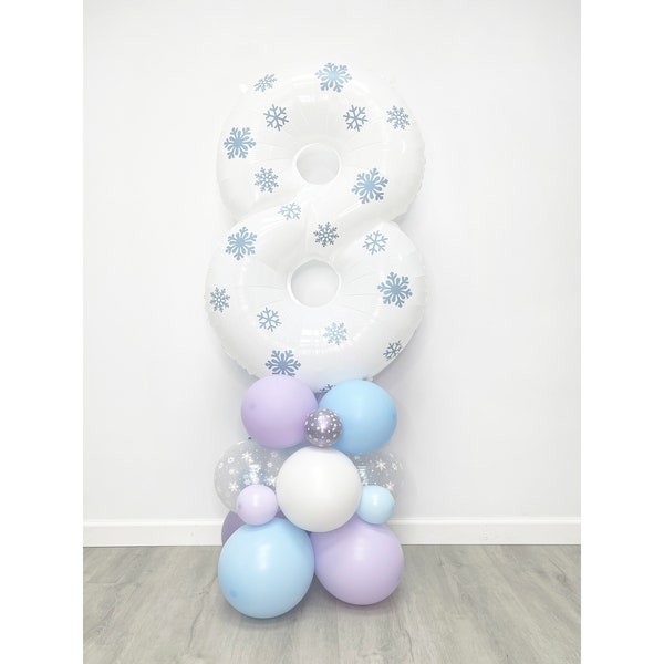 Frozen Balloon Tower | Giant 40" Inch Number Balloon Column | Winter Wonderland Birthday | Number Balloon Kit with Snowflake Vinyl Stickers