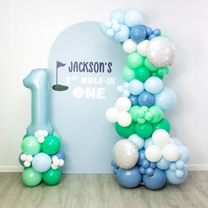 Golf Balloon Garland | Balloon Arch with Golf Ball Mylars | Hole In One First Birthday Party | 1st Birthday Ideas | Hole In Party Decor