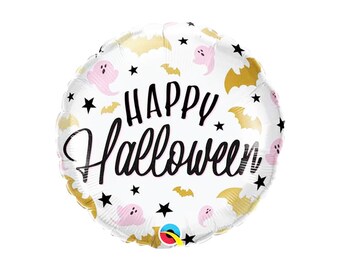 Happy Halloween Mylar Balloon | Pink Halloween Bat and Ghost Balloon | 17 Inch Mylar Balloon | Pink and Black | Kids Halloween Party