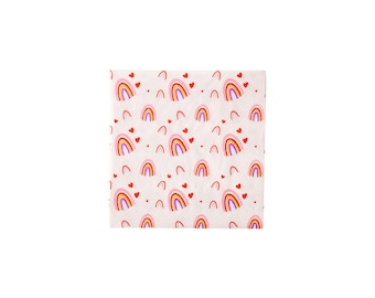 Valentines Day Rainbow Napkins | Pink Rainbow and Heart Cocktail Napkins | Sweetheart Birthday Party | Pack of 24