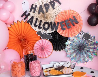 Halloween Party Fans | Pink and Orange Party Fans | Halloween Party Decor | Halloween Fan Backdrop | Kids Halloween Party | Pack of 6 Fans