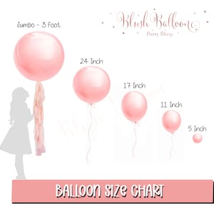 May include: A size chart for balloons, showing five different sizes of pink balloons. The balloons are labeled with their size in inches: 5 inch, 11 inch, 17 inch, 24 inch, and 3 foot (jumbo). The chart also includes the text "Blush Balloon Party Shop".