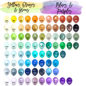May include: A chart of 123 different colored balloons with corresponding numbers. The balloons are arranged in rows and columns, with each row representing a different color family. The color families are: Yellows, Oranges & Greens, Blues & Purples.
