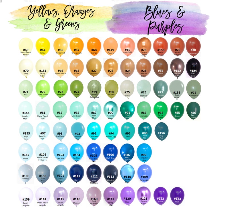 May include: A chart of 123 different colored balloons with corresponding numbers. The balloons are arranged in rows and columns, with each row representing a different color family. The color families are: Yellows, Oranges & Greens, Blues & Purples.