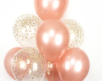 ROSE GOLD Balloon Bouquet - Mix of 8 Latex Balloons in Rose Gold and Confetti-Printed Balloons - Rose Gold Balloons, Confetti Balloons