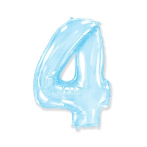 May include: A light blue number four balloon, perfect for a birthday or anniversary celebration. The balloon is made of a shiny, reflective material and is inflated. The number four is a classic design for party decorations.