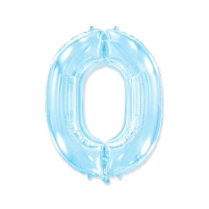 May include: A light blue foil balloon shaped like the number zero. The balloon is inflated and has a shiny, metallic appearance. Perfect for birthday parties, anniversaries, or other celebratory events.