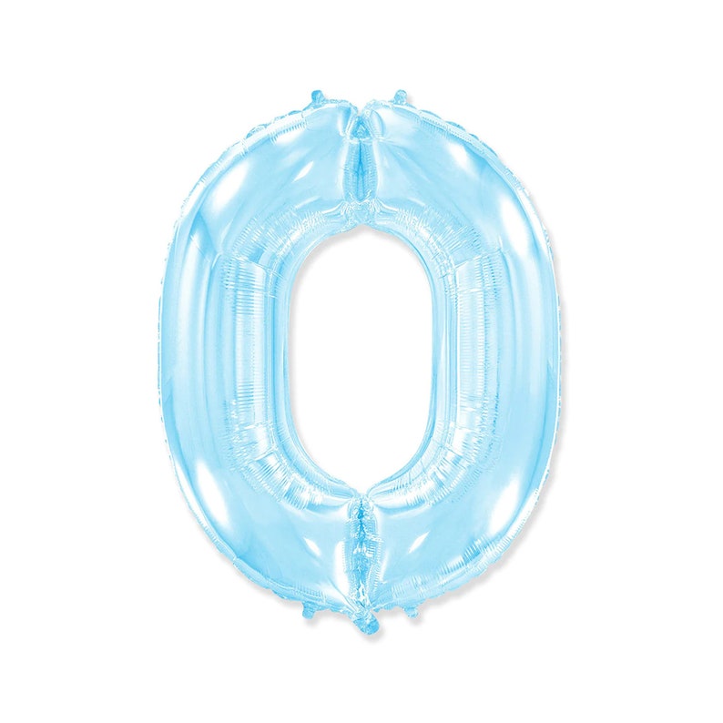 May include: A light blue foil balloon shaped like the number zero. The balloon is inflated and has a shiny, metallic appearance. Perfect for birthday parties, anniversaries, or other celebratory events.