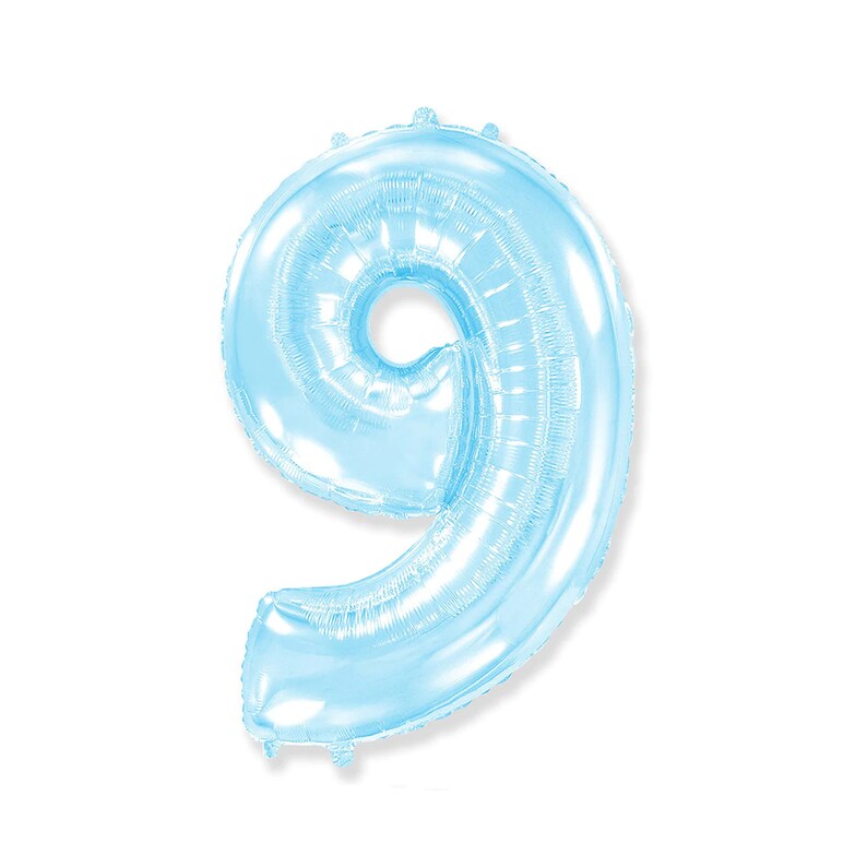 May include: A light blue foil balloon in the shape of the number nine. The balloon is inflated and has a shiny, metallic appearance. Ideal for birthday celebrations or other special events.