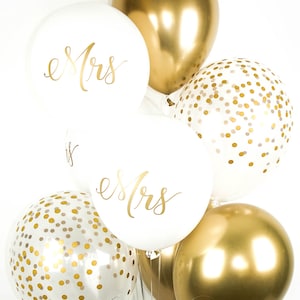 MRS BALLOONS with Gold Chrome and Confetti Balloons - Bridal Shower Balloon Bouquet - Mix of 8 Latex Balloons - Engagement Balloons - Bridal