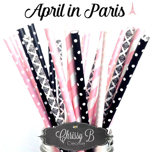 Pink and Black Paper Straws (APRIL IN PARIS Theme) Pack of 25 Straws   - Paris Birthday Party, Paris Baby Shower