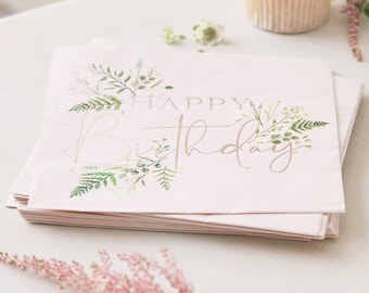 Botanical Napkins with Happy Birthday Print | Garden Party Napkins | Floral Tea Party Birthday Napkin | Blush Pink | Pack of 16