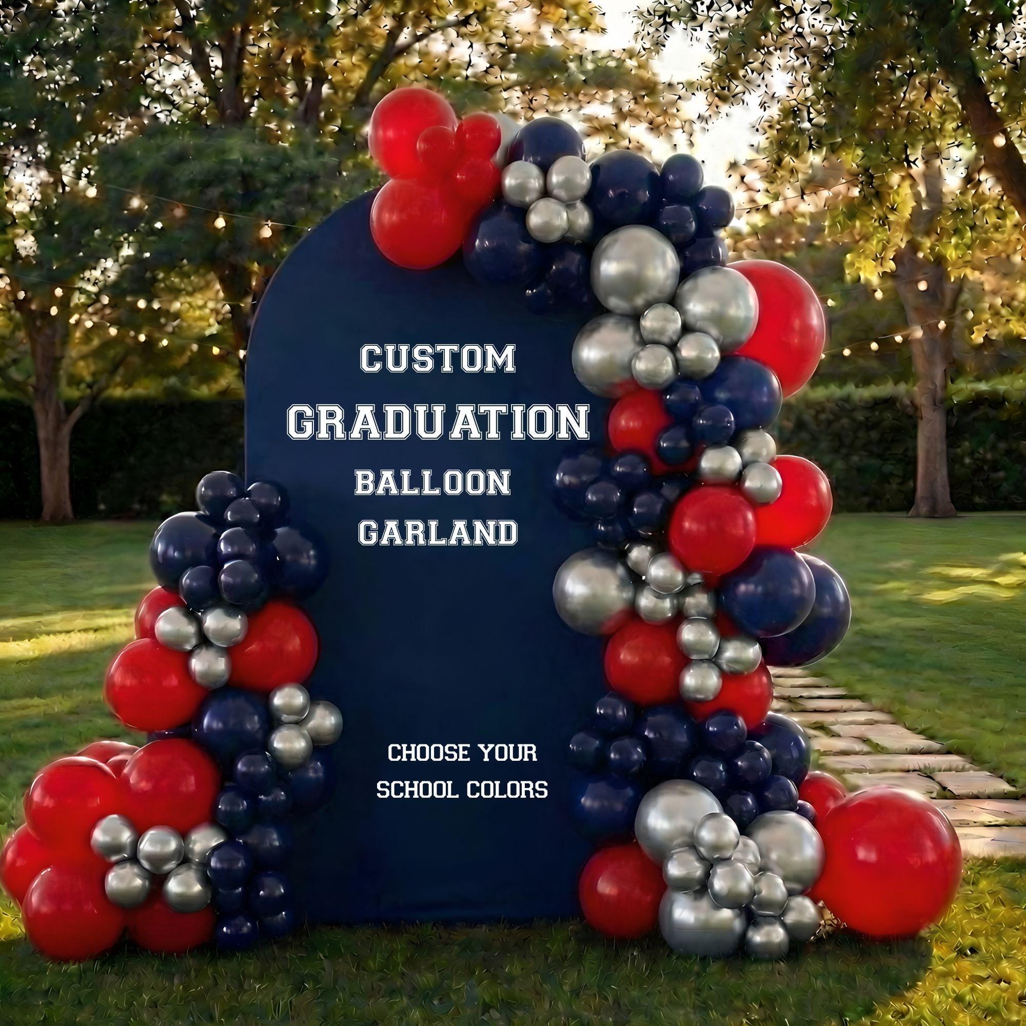 graduation themed balloon garland and balloon clusters school colors