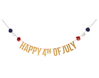4th of July Pom Pom Banner | Wooden Happy 4th of July Banner with Pom Pom Accents | 4th of July Party Decorations | Patriotic Party Supplies