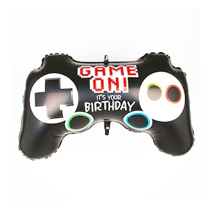 May include: Black and white game controller balloon with the text "Game On! It's your birthday" in red and white.