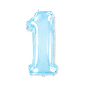 May include: A light blue foil balloon shaped like the number one. The balloon is inflated and has a shiny, metallic appearance. It is designed for birthday celebrations or other milestone events.