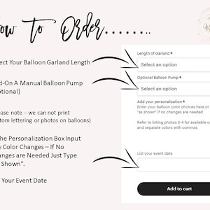 May include: How to order a balloon garland. Select the length of the garland, add a manual balloon pump, personalize the balloon colors, and enter the event date.  The text on the image says "Blush Balloon Party".