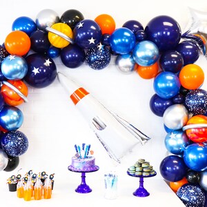 Astronaut Themed Balloon Garland Kit Shades of Blues, Orange and Chrome Silver Astronaut Balloon Arch Space Themed Birthday Party image 2