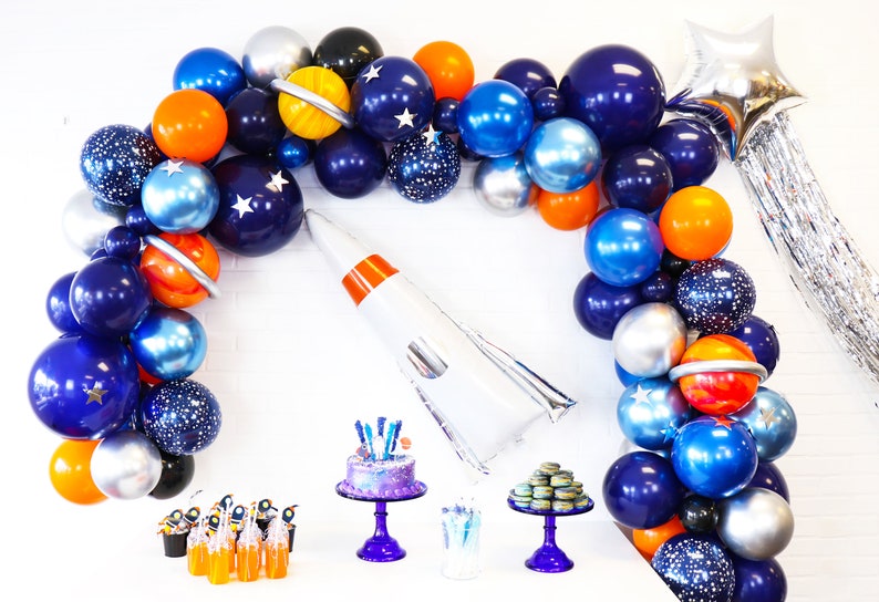 Astronaut Themed Balloon Garland Kit Shades of Blues, Orange and Chrome Silver Astronaut Balloon Arch Space Themed Birthday Party image 2