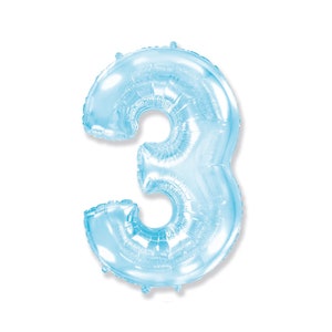 May include: A light blue foil balloon in the shape of the number three. The balloon is inflated and has a shiny, metallic appearance. The number three balloon is isolated on a white background.