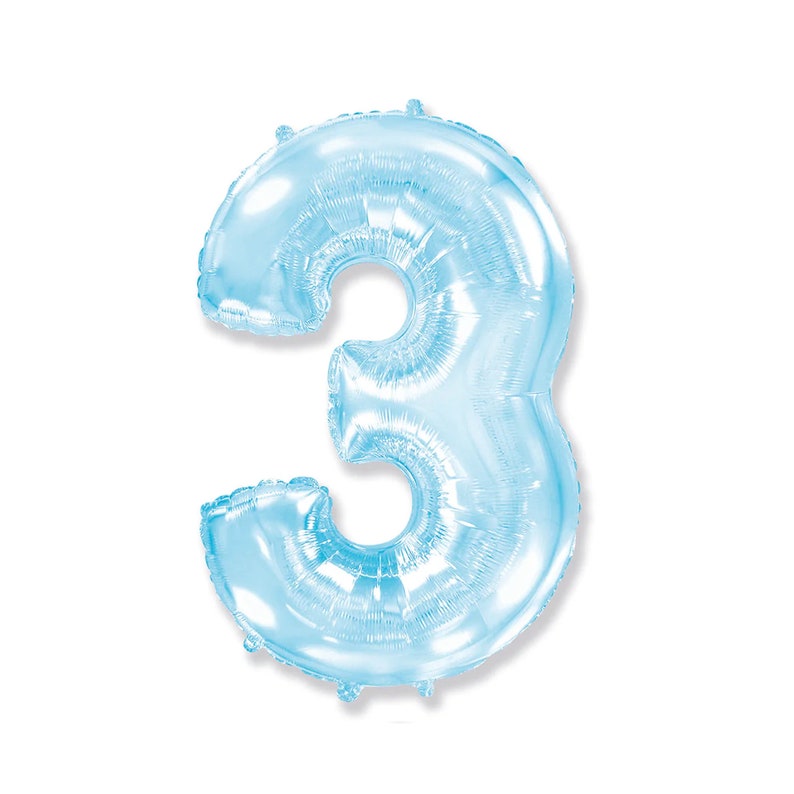 May include: A light blue foil balloon in the shape of the number three. The balloon is inflated and has a shiny, metallic appearance. The number three balloon is isolated on a white background.