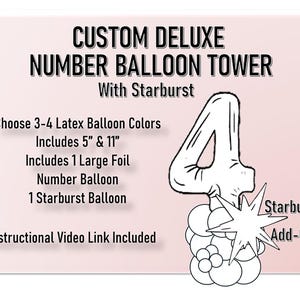 May include: A custom deluxe number balloon tower with a starburst add-on. The tower includes 3-4 latex balloons in colors of your choice, 1 large foil number balloon, 1 starburst balloon, and 5" and 11" latex balloons. An instructional video link is included.