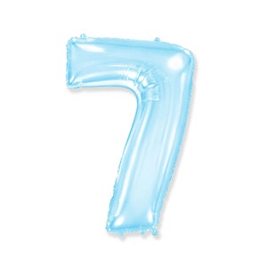 May include: A light blue number seven foil balloon. The balloon is inflated and has a shiny, metallic appearance. The number is in a sans-serif font and is suitable for birthday parties or other celebrations.