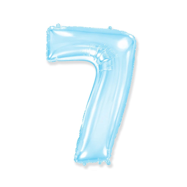 May include: A light blue number seven foil balloon. The balloon is inflated and has a shiny, metallic appearance. The number is in a sans-serif font and is suitable for birthday parties or other celebrations.