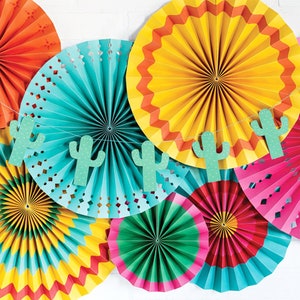 May include: A set of colorful paper fans with a cactus garland. The fans are in shades of orange, yellow, green, blue, and pink. The garland is made of green paper cutouts of cacti.