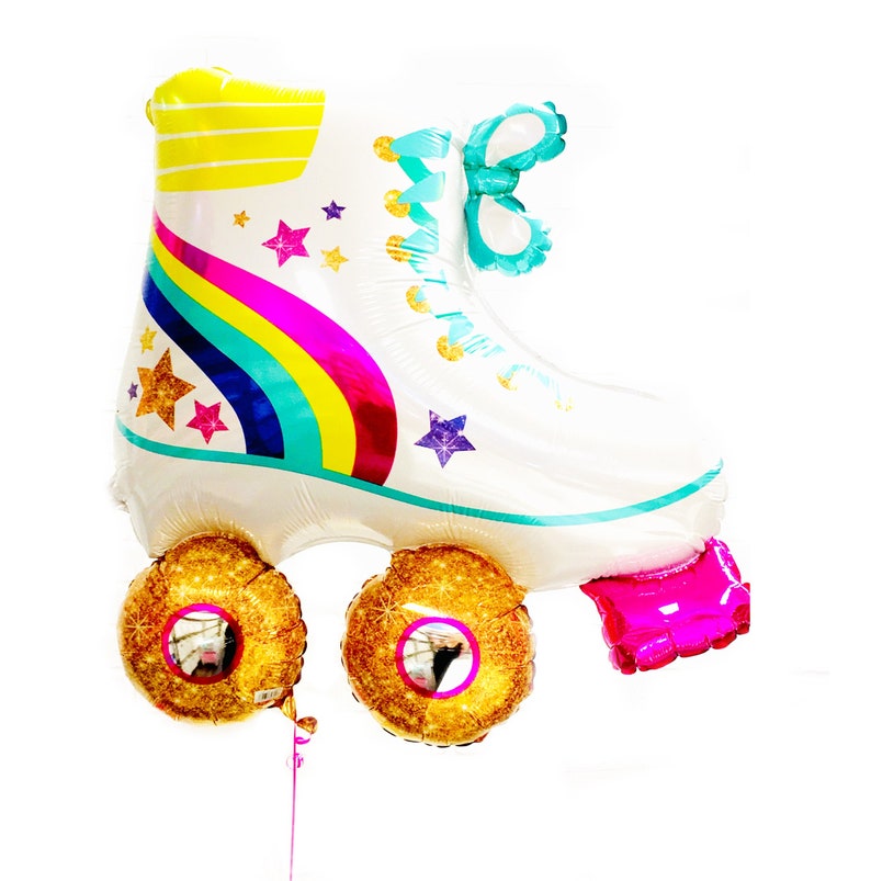 May include: A white, rainbow, and star-patterned roller skate balloon with gold wheels and a pink toe stop.