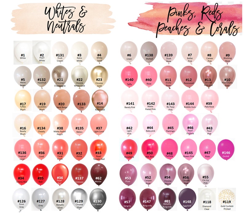 May include: A chart of 60 different colored latex balloons with corresponding numbers. The balloons are arranged in rows and columns. The chart is divided into two sections: "Whites & Neutrals" and "Pinks, Reds, Peaches & Corals".