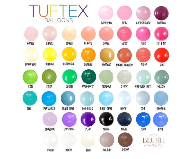 May include: A chart of 60 different colored latex balloons with the brand name "TUFTEX BALLOONS" at the top. The balloon colors are arranged in rows and columns with the name of each color printed below each balloon.