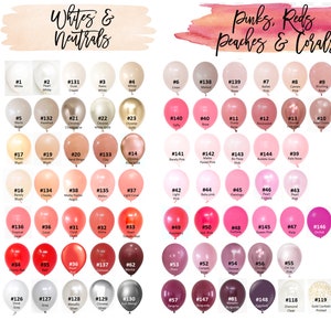 May include: A chart of 60 different colored latex balloons with corresponding numbers. The balloons are arranged in rows and columns. The chart is divided into two sections: "Whites & Neutrals" and "Pinks, Reds, Peaches & Corals".