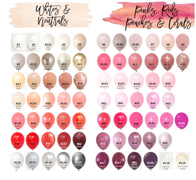May include: A chart of 60 different colored latex balloons with corresponding numbers. The balloons are arranged in rows and columns. The chart is divided into two sections: "Whites & Neutrals" and "Pinks, Reds, Peaches & Corals".