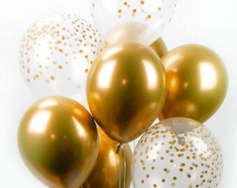 Gold Chrome Confetti Balloon Bouquet - Mix of 8 Latex Balloons in New Chrome Gold and Confetti-Printed Balloons - Confetti Balloons