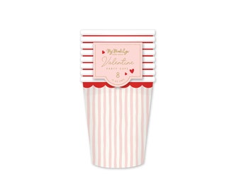 Valentines Day Cups | Pink Striped Valentines Day Paper Cups| Valentine Heart Cups | Galentines Party | Pack of 8