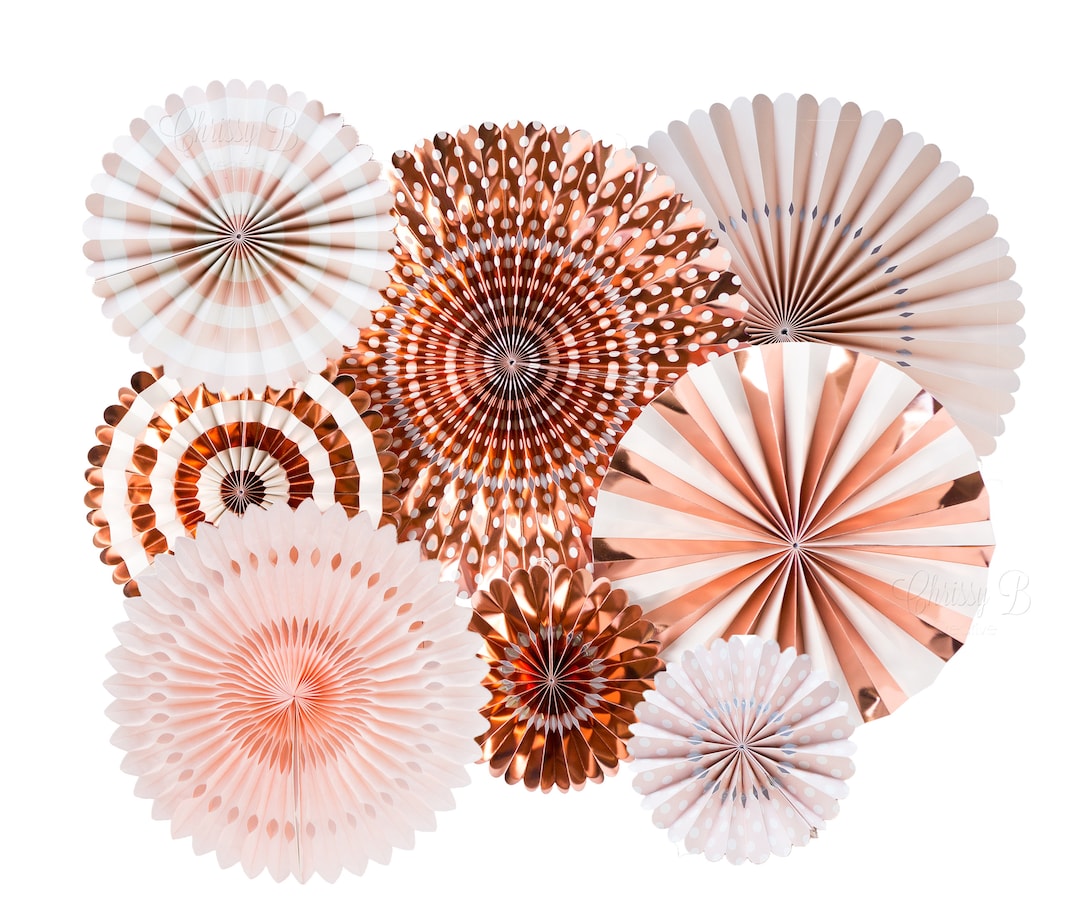 Rose Gold and Blush Party Fans Rose Gold Paper Fans Paper Rosettes Paper Fan Backdrop Photo