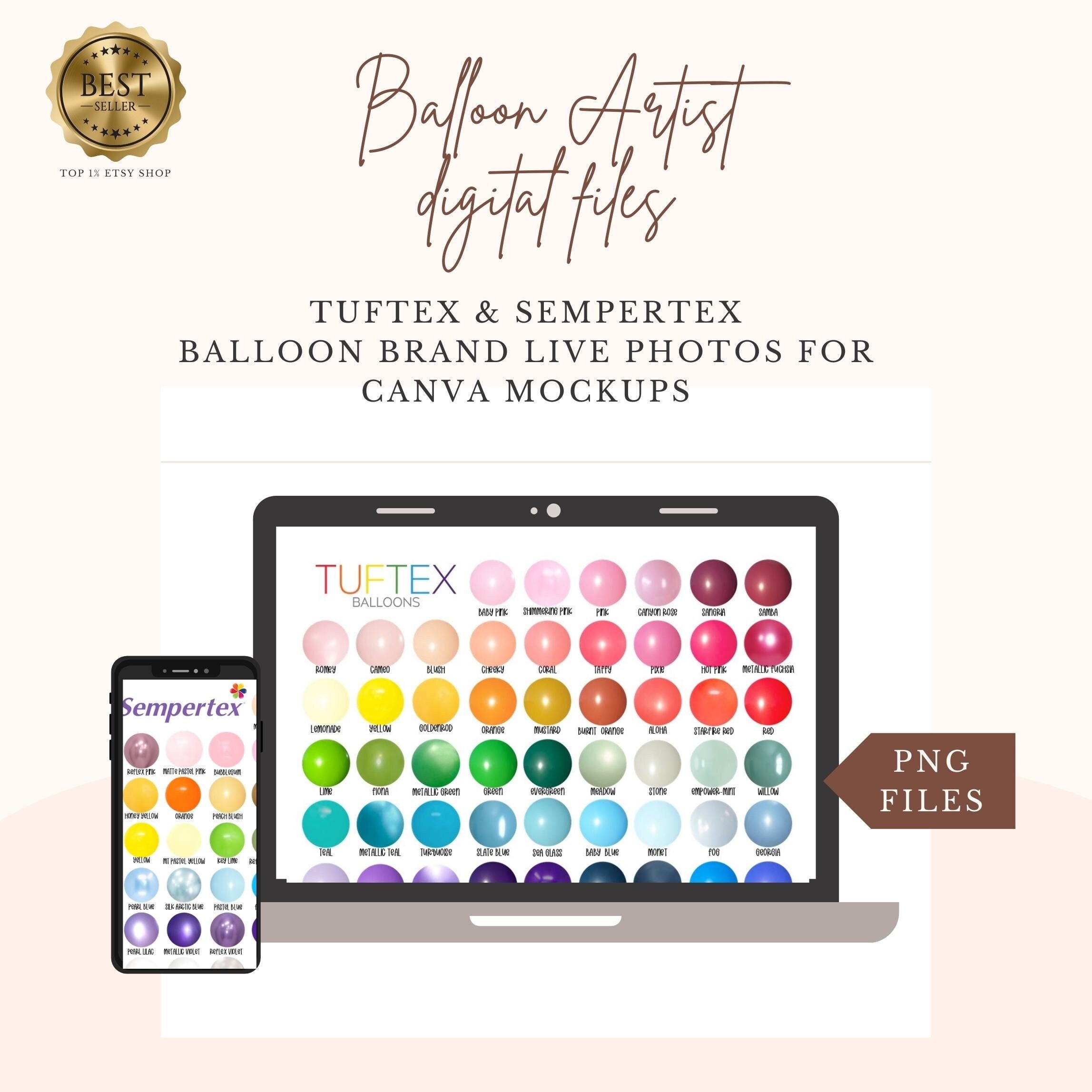 Foto di mockup di palloncini per Canva / Foto reali di palloncini Tuftex e Sempertex in due forme con modello di tabella colori Canva modificabile