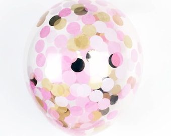 Pink and Gold Confetti Balloon - Choose 11, 16, or 36 inch - Light Pink and Gold 1" Circles of Tissue Confetti - Pre-Filled Balloon