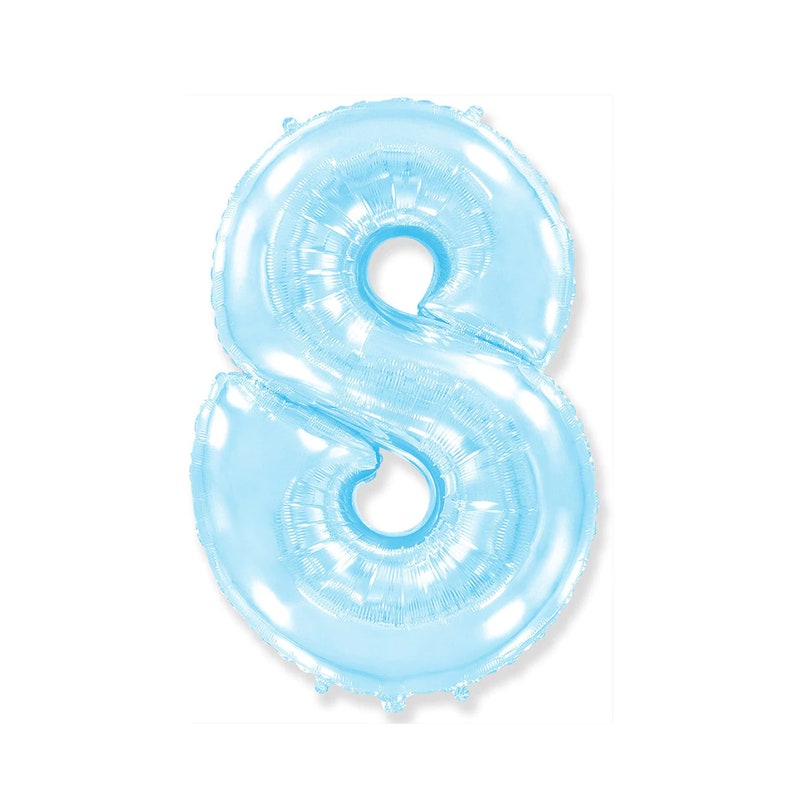 May include: A light blue foil balloon in the shape of the number eight. The balloon is inflated and has a shiny, metallic finish. The number eight balloon is perfect for a birthday or anniversary celebration.