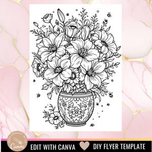 Personalized Coloring Page, Customized Floral Bouquet Coloring, Editable Canva Template, Party Coloring Sheet, Gift