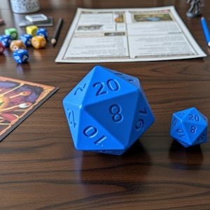 May include: Two blue polyhedral dice, a D20 and a D6, are on a wooden table alongside game cards, pencils, and other dice. The D20 is a vibrant blue with white numbers. The smaller D6 is also blue with white numbers.