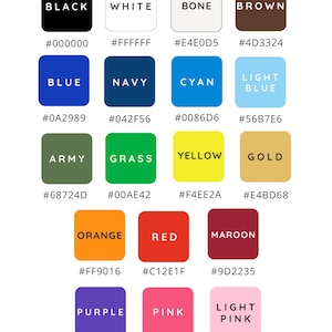 May include: A color chart titled PLA COLORS by Llama Design Co. featuring fifteen labeled squares with corresponding hex codes. Colors include black, white, bone, brown, blue, navy, cyan, light blue, army, grass, yellow, gold, orange, red, maroon, purple, pink, and light pink.