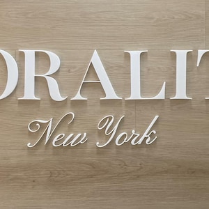 May include: White three-dimensional lettering spelling LORALITY in a bold serif font, positioned above the words New York in a white cursive script. The letters are mounted on a light brown wood-grain surface with a horizontal plank pattern.