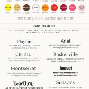 May include: A color palette chart labeled LLAMA DESIGN CO. featuring eighteen circular color swatches with names and hex codes, followed by a section titled FONT EXAMPLES displaying the alphabet in ten distinct typefaces including Playfair, Arial, Cinzel, Baskerville, Montserrat, Impact, Together, Seasons, Alta, and Great Vibes.