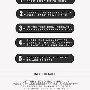 May include: A black and white instructional graphic titled THE LLAMA DESIGN STUDIO. It lists five steps for ordering, including selecting letter height, color, phrase, font, and quantity. It notes letters are sold individually and made of PLA plastic.