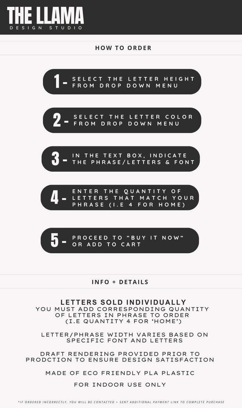 May include: A black and white instructional graphic titled THE LLAMA DESIGN STUDIO. It lists five steps for ordering, including selecting letter height, color, phrase, font, and quantity. It notes letters are sold individually and made of PLA plastic.