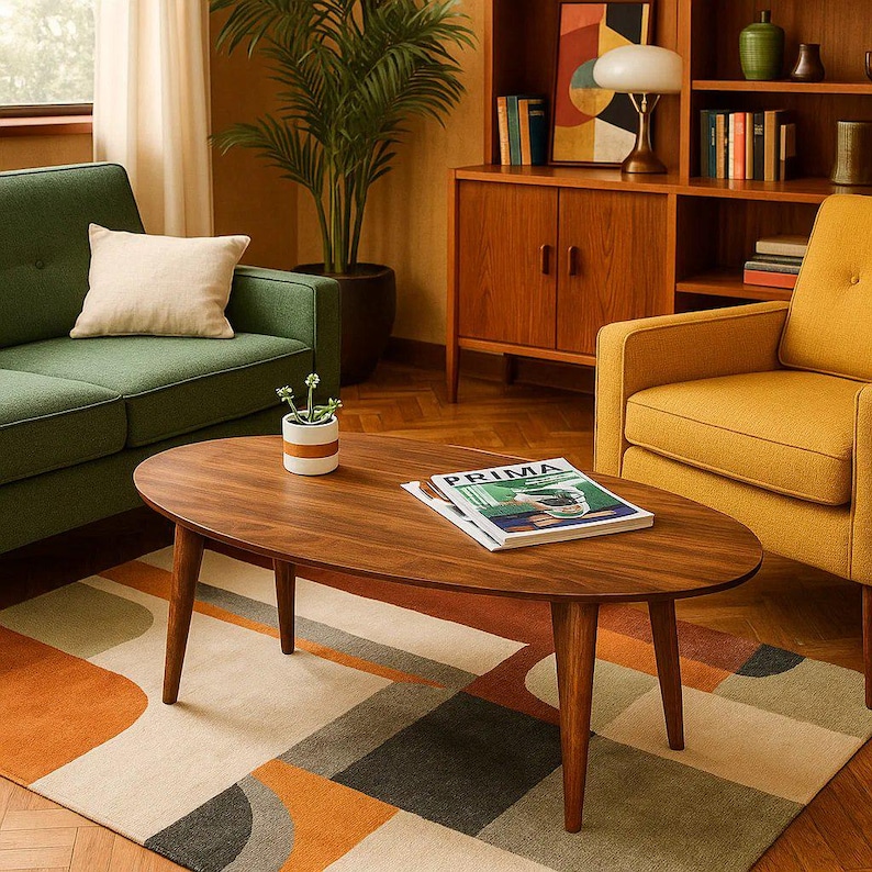 May include: A mid-century modern living room scene featuring a brown oval coffee table with angled legs. A magazine with the word "PRIMA" is on the table. A green sofa, yellow armchair, and patterned rug complete the room's decor.