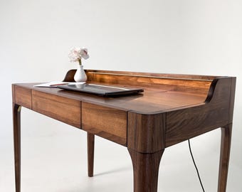 Escritorio de alta calidad hecho a mano, escritorio de oficina en casa de estilo mediados de siglo en madera maciza de nogal con diseño redondeado, muebles de oficina.