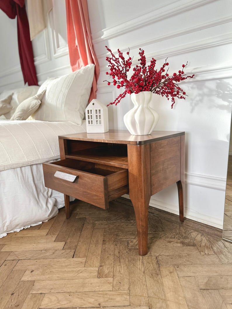 Handcrafted Walnut Nightstand with Rounded Corners, Mid Century Modern Bedside Tables, Solid Wood Premium Bedroom Furniture image 6
